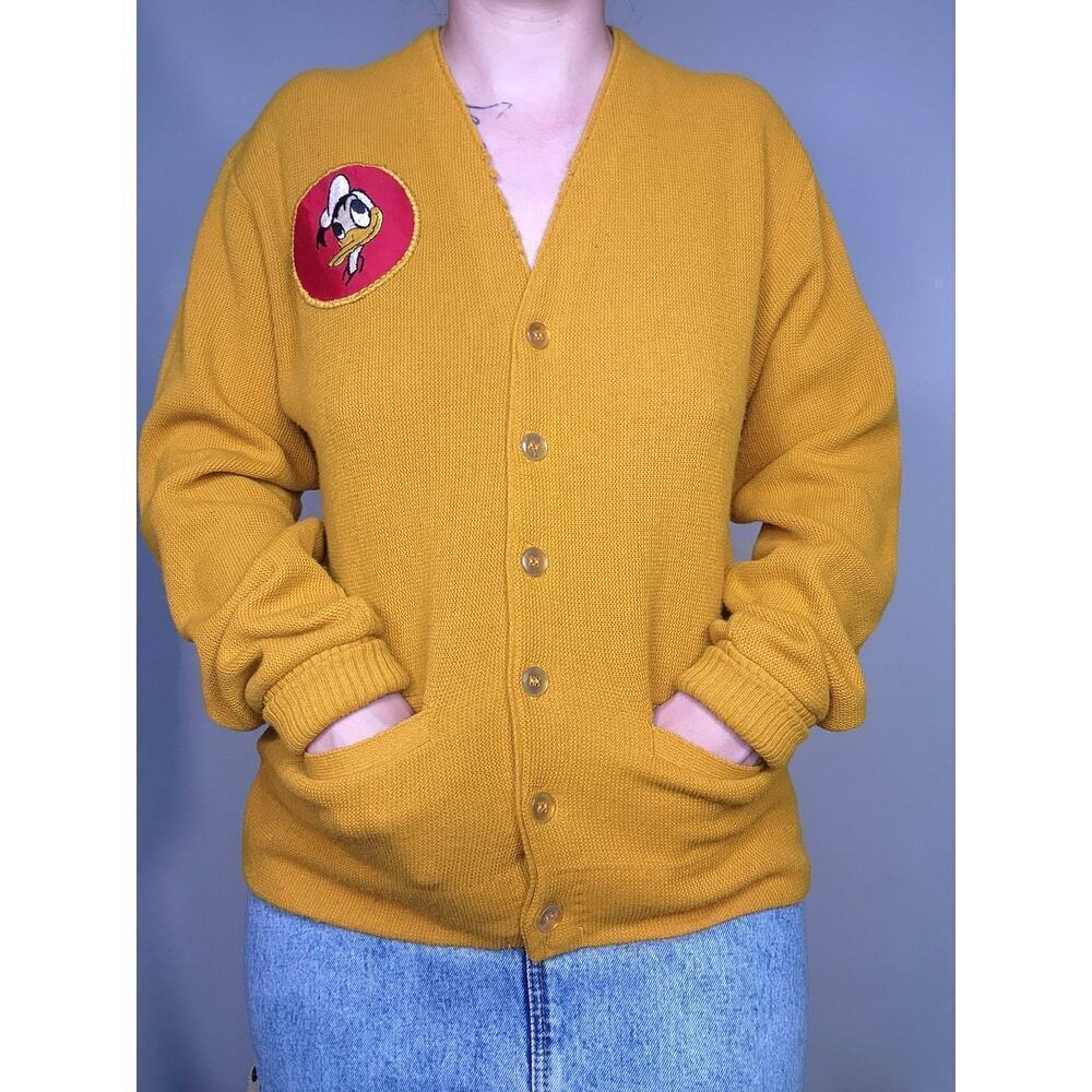 50 60 Rare Vtg Campus Yellow Preppy Retro School Disney Sweater Donald Duck Sz M - Picture 2 of 9